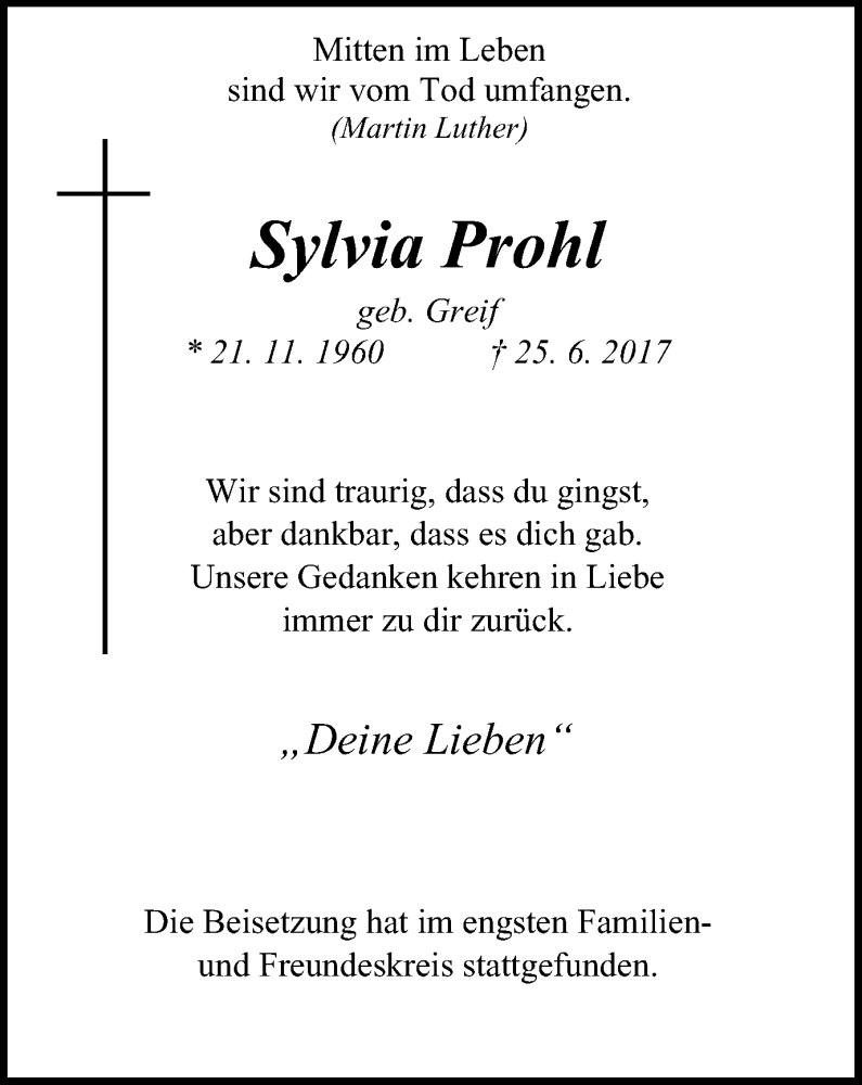  Traueranzeige für Sylvia Prohl vom 15.07.2017 aus Wochen-Anzeiger Oberhausen