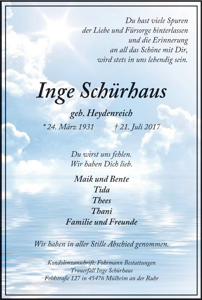  Traueranzeige für Inge Schürhaus vom 29.07.2017 aus Mülheimer Woche