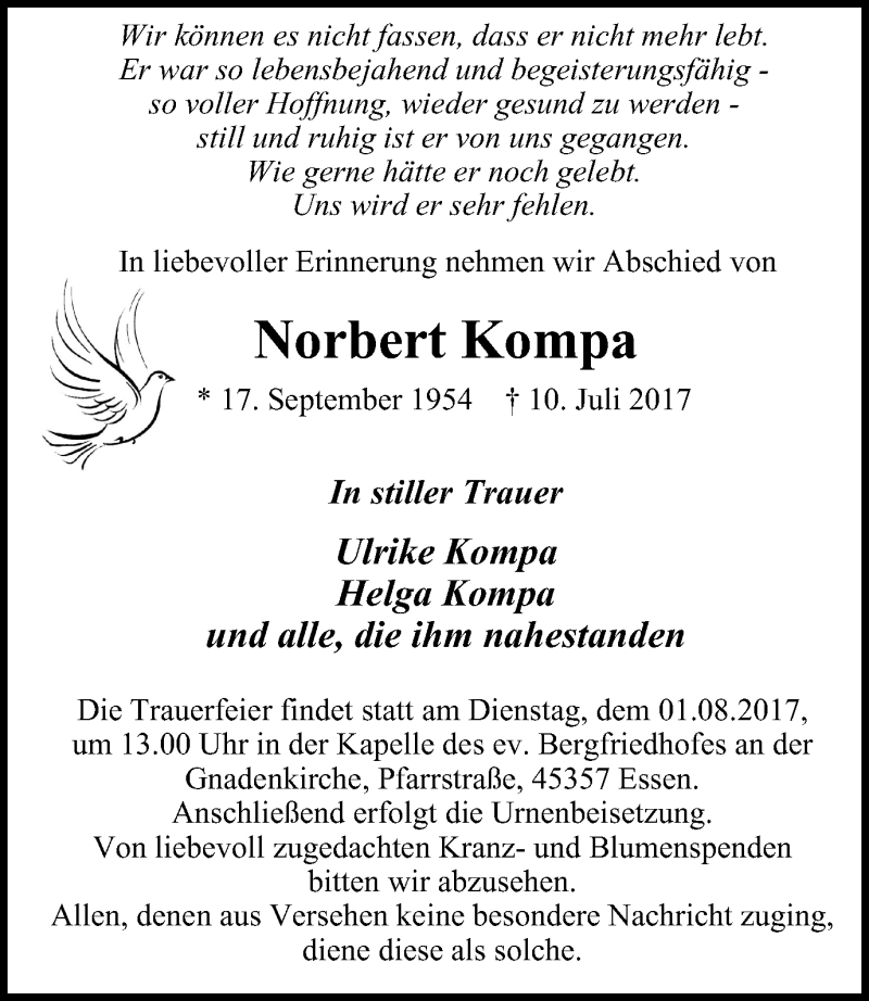  Traueranzeige für Norbert Kompa vom 29.07.2017 aus Borbeck Kurier