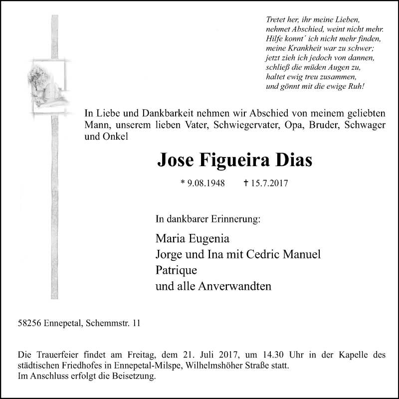  Traueranzeige für Jose Figueira Dias vom 19.07.2017 aus wap Schwelm/Gevelsberg/Ennepetal