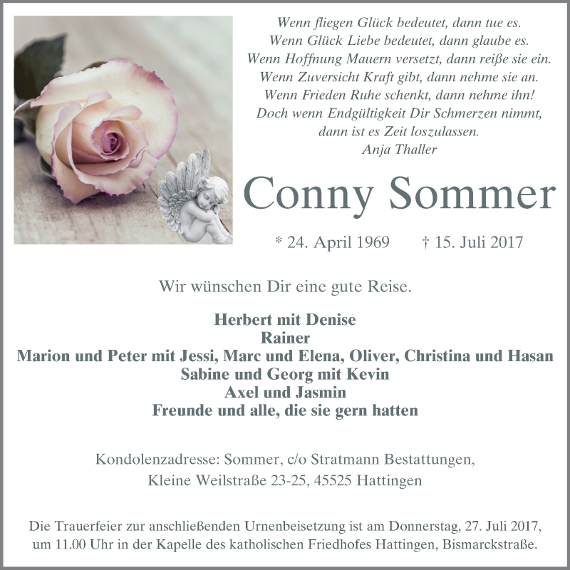  Traueranzeige für Conny Sommer vom 22.07.2017 aus Stadtspiegel Hattingen/Niedersprockhövel