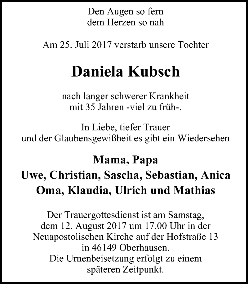  Traueranzeige für Daniela Kubsch vom 02.08.2017 aus Wochen-Anzeiger Oberhausen