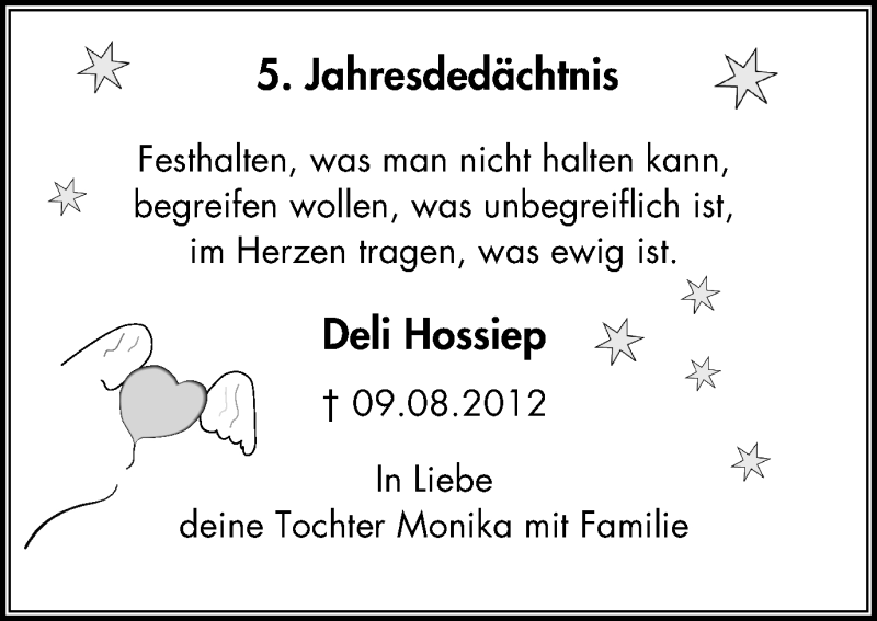  Traueranzeige für Deli Hossiep vom 09.08.2017 aus Stadtspiegel Hattingen/Niedersprockhövel