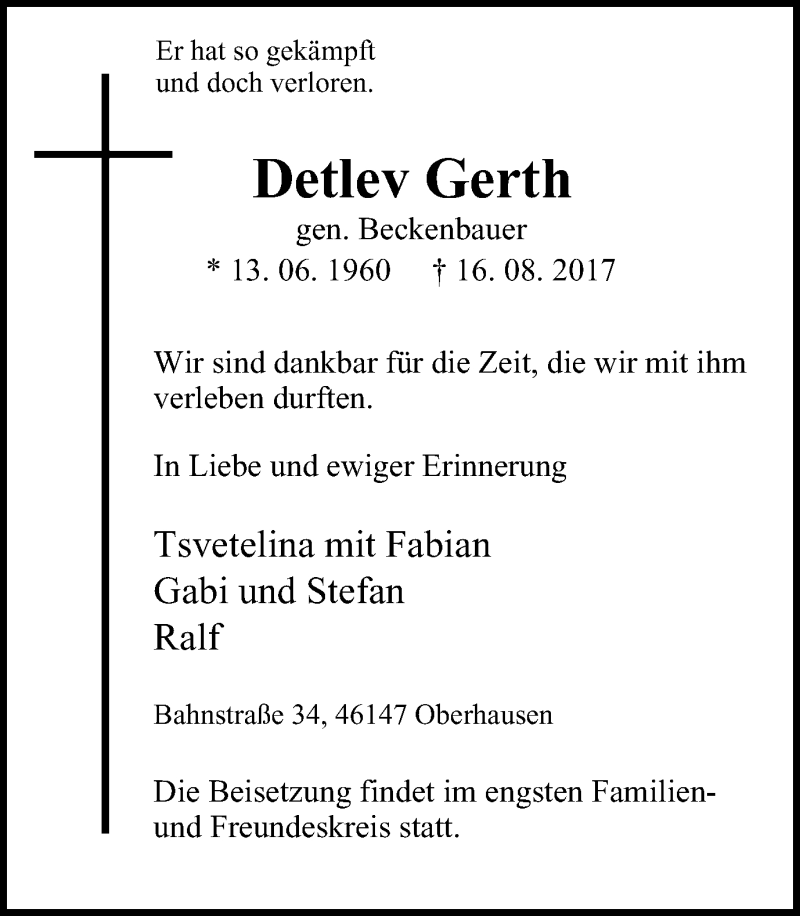  Traueranzeige für Detlev Gerth vom 19.08.2017 aus Wochen-Anzeiger Oberhausen