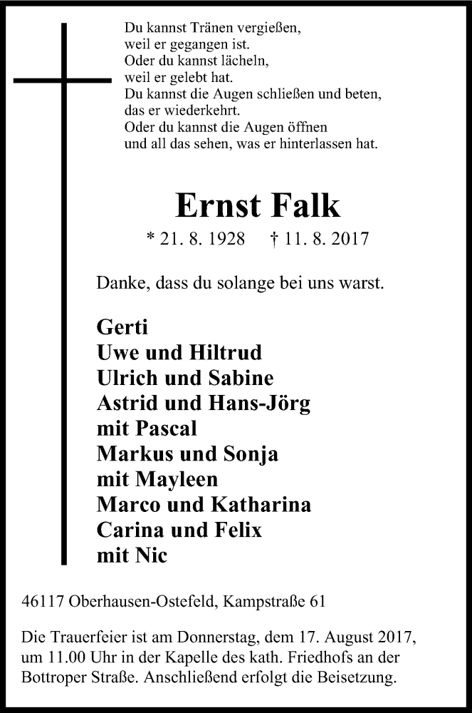  Traueranzeige für Ernst Falk vom 16.08.2017 aus Wochen-Anzeiger Oberhausen