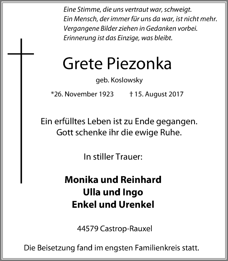  Traueranzeige für Grete Piezonka vom 19.08.2017 aus Stadtanz.Castrop-Rauxel
