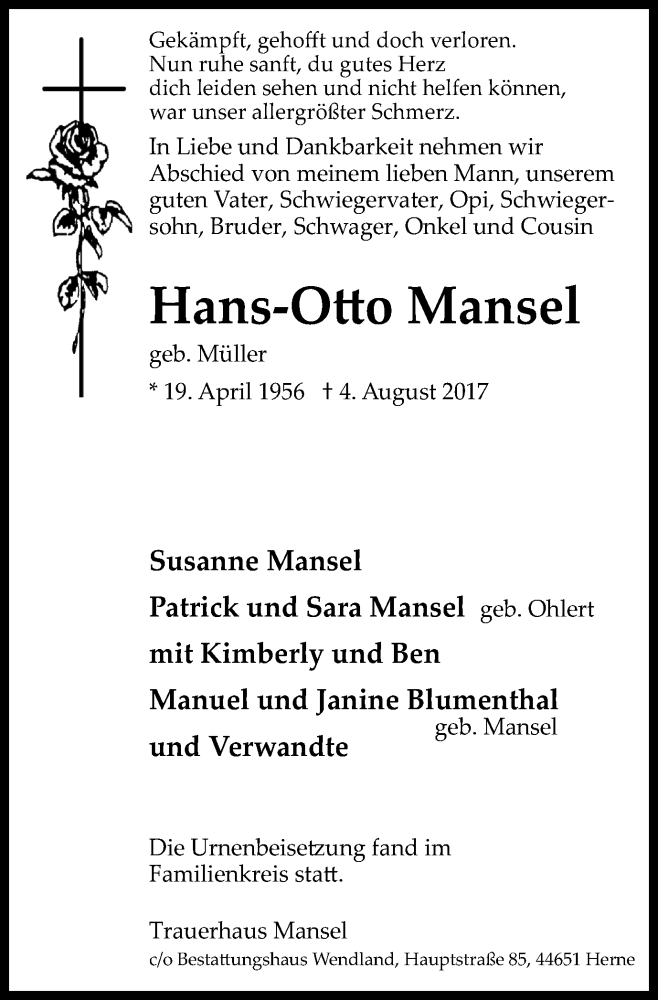  Traueranzeige für Hans-Otto Mansel vom 19.08.2017 aus Stadtspiegel Wattenscheid