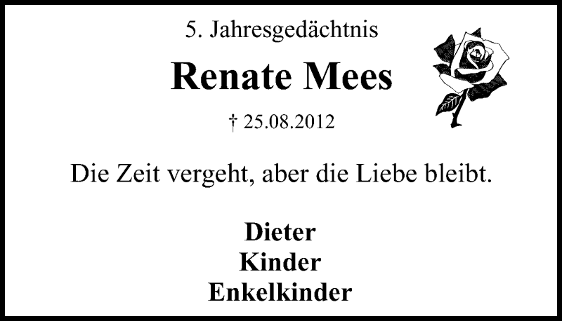  Traueranzeige für Renate Mees vom 26.08.2017 aus Mülheimer Woche