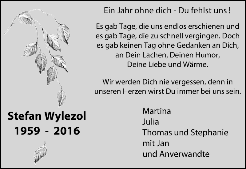  Traueranzeige für Stefan Wylezol vom 16.09.2017 aus Stadtspiegel Bottrop