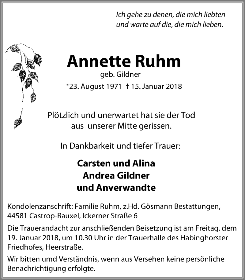  Traueranzeige für Annette Ruhm vom 17.01.2018 aus Stadtanz.Castrop-Rauxel