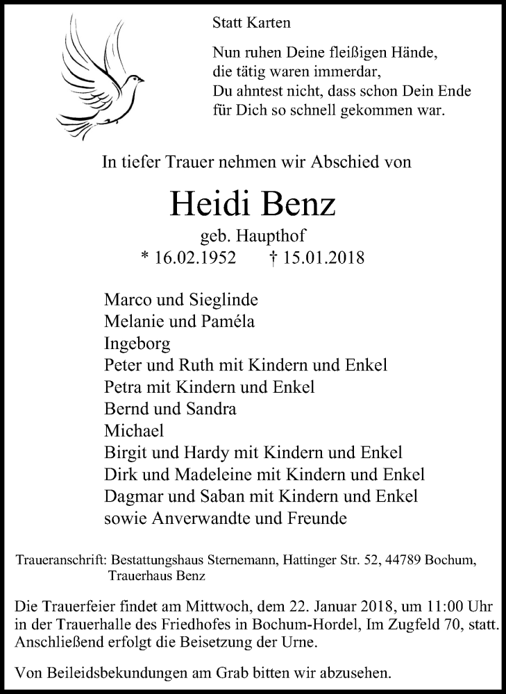  Traueranzeige für Heidi Benz vom 20.01.2018 aus Stadtspiegel Bochum