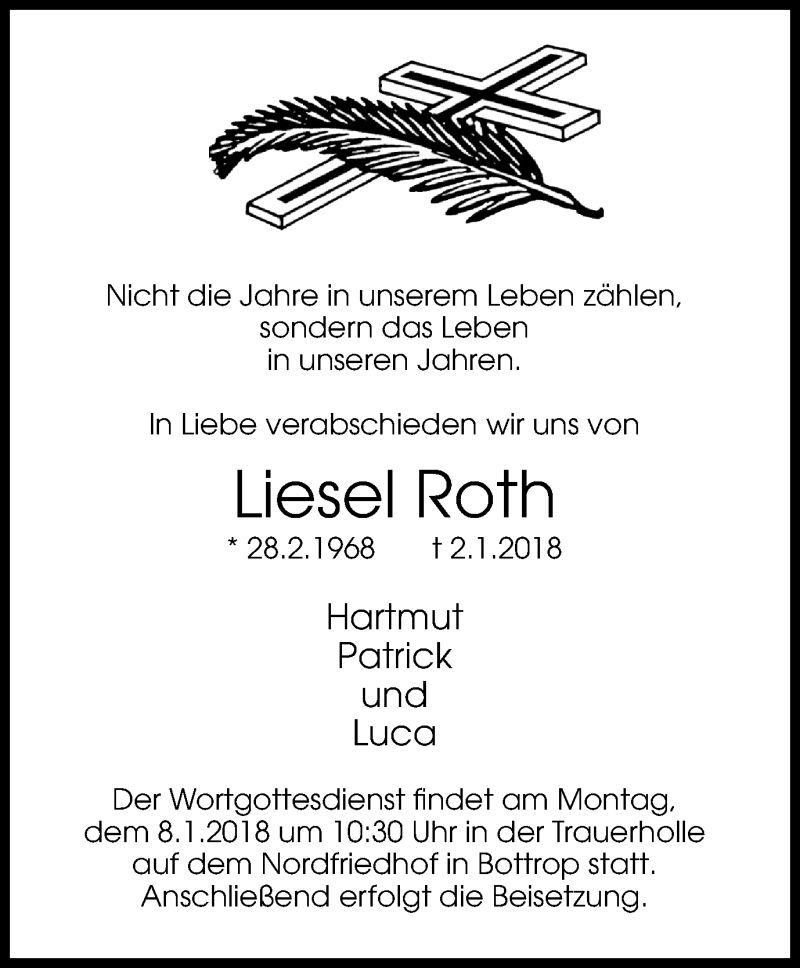  Traueranzeige für Liesel Roth vom 06.01.2018 aus Stadtspiegel Bottrop