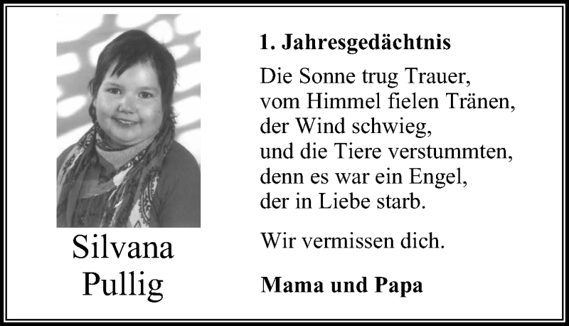  Traueranzeige für Silvana Pullig vom 13.01.2018 aus Stadtspiegel Iserlohn + Hemer
