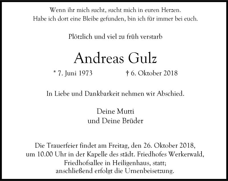  Traueranzeige für Andreas Gulz vom 20.10.2018 aus Stadtanzeiger Velbert + Heiligenhaus