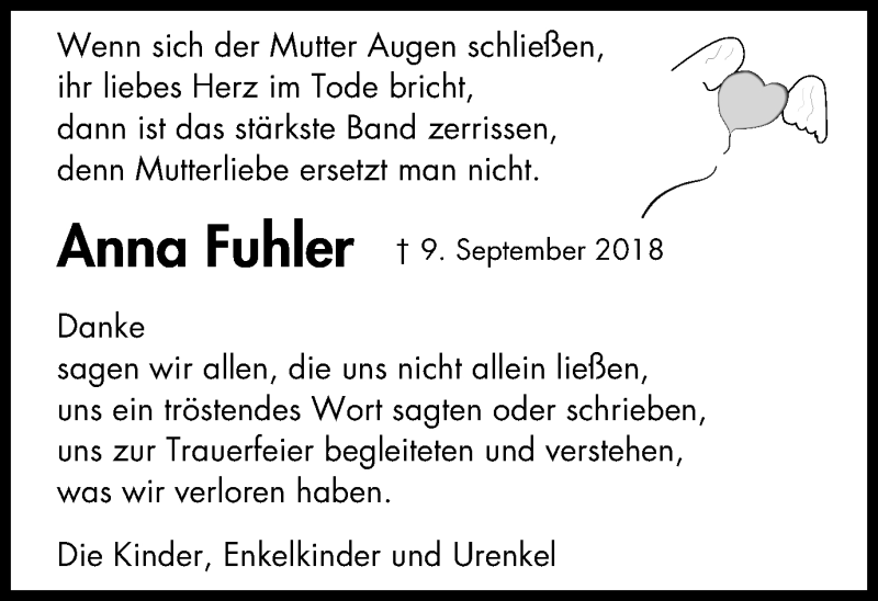  Traueranzeige für Anna Fuhler vom 17.10.2018 aus Stadtspiegel Bottrop