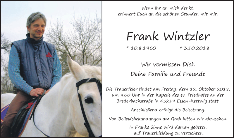  Traueranzeige für Frank Wintzler vom 10.10.2018 aus Kettwig Kurier