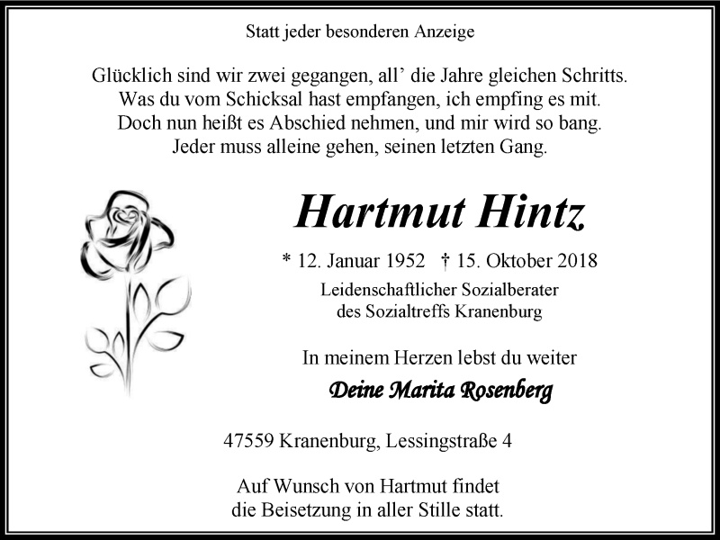  Traueranzeige für Hartmut Hintz vom 20.10.2018 aus Klever Wochenblatt