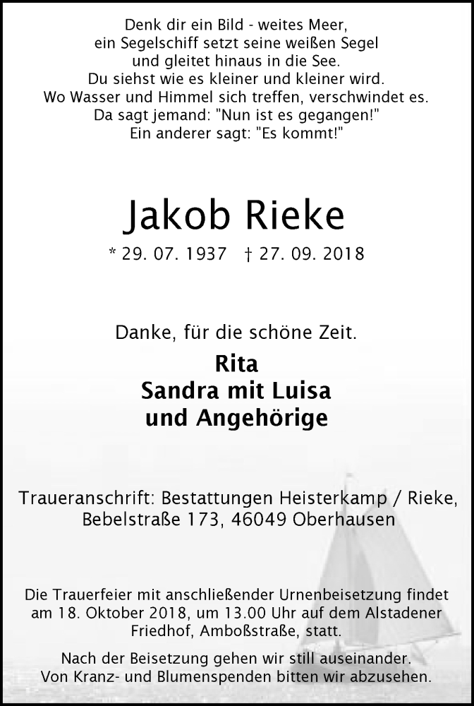  Traueranzeige für Jakob Rieke vom 13.10.2018 aus Wochen-Anzeiger Oberhausen