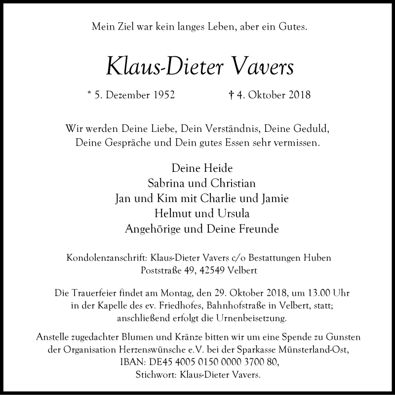  Traueranzeige für Klaus-Dieter Vavers vom 20.10.2018 aus Stadtanzeiger Velbert + Heiligenhaus