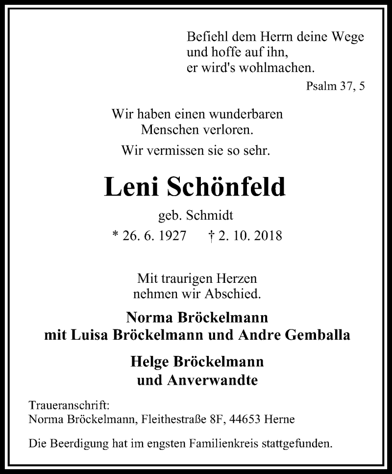  Traueranzeige für Leni Schönfeld vom 10.10.2018 aus Stadtanzeiger Velbert + Heiligenhaus
