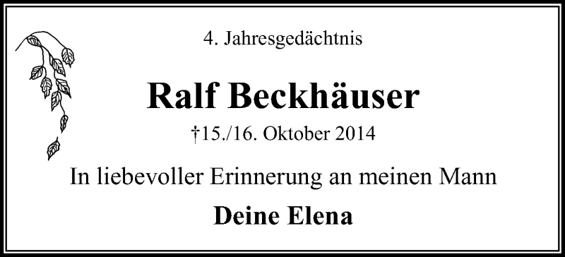  Traueranzeige für Ralf Beckhäuser vom 13.10.2018 aus Stadtspiegel Essen