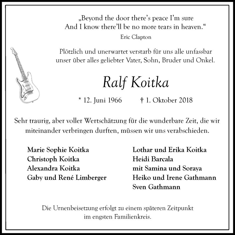  Traueranzeige für Ralf Koitka vom 06.10.2018 aus Stadtanzeiger Velbert + Heiligenhaus
