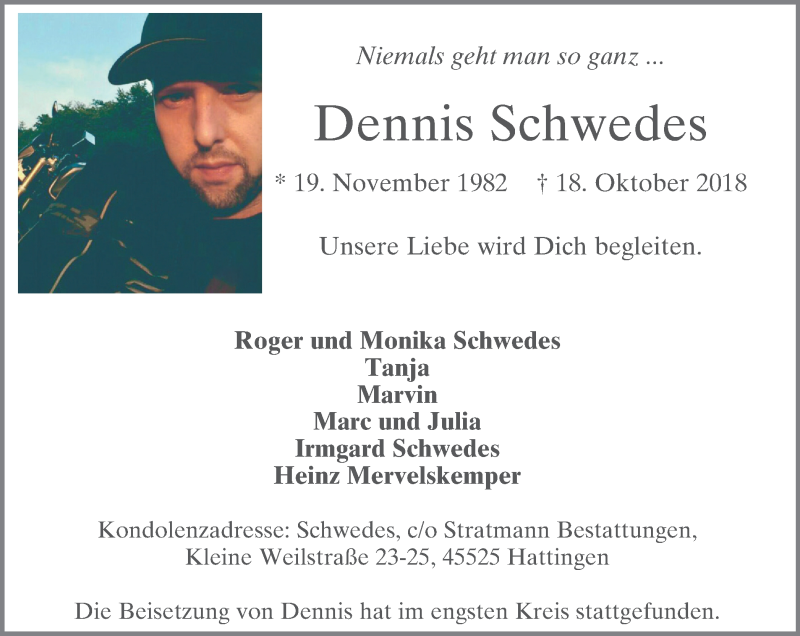  Traueranzeige für Dennis Schwedes vom 03.11.2018 aus Stadtspiegel Hattingen/Niedersprockhövel