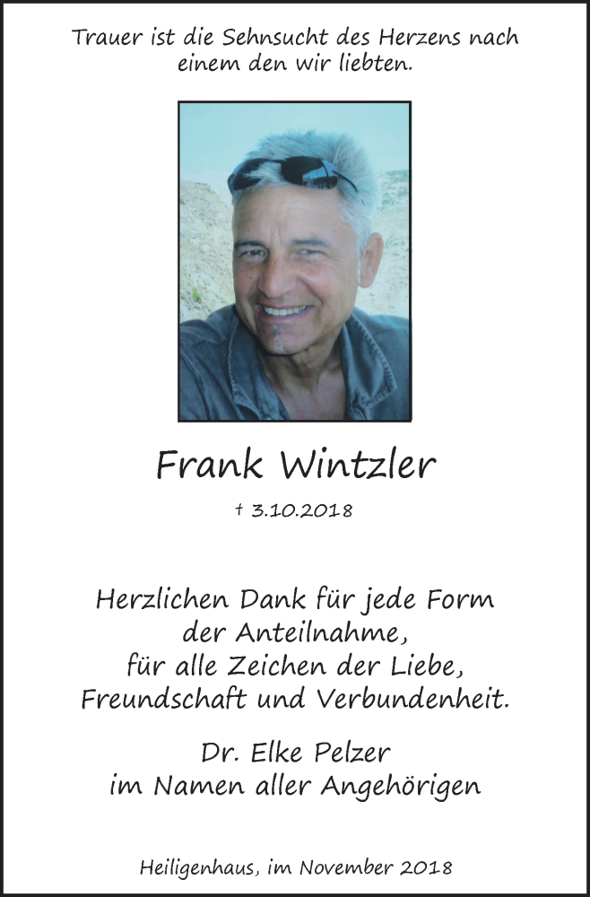  Traueranzeige für Frank Wintzler vom 10.11.2018 aus Kettwig Kurier