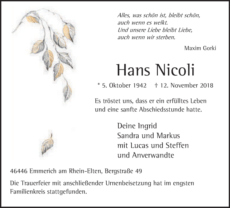  Traueranzeige für Hans Nicoli vom 28.11.2018 aus Stadtanzeiger Emmerich/Rees/Isselburg