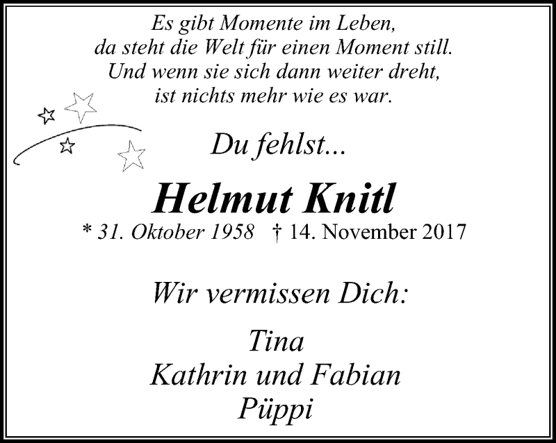  Traueranzeige für Helmut Knitl vom 14.11.2018 aus Stadtspiegel Wattenscheid