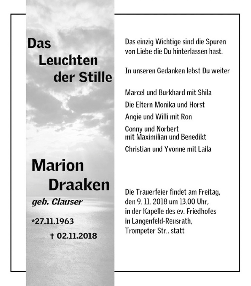  Traueranzeige für Marion Draaken vom 07.11.2018 aus Wochen-Anzeiger Langenfeld/Monheim/Hilden