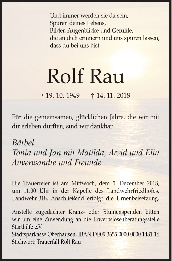  Traueranzeige für Rolf Rau vom 24.11.2018 aus Wochen-Anzeiger Oberhausen