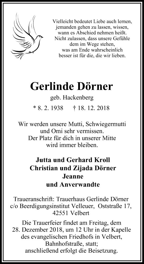  Traueranzeige für Gerlinde Dörner vom 22.12.2018 aus Stadtanzeiger Velbert + Heiligenhaus