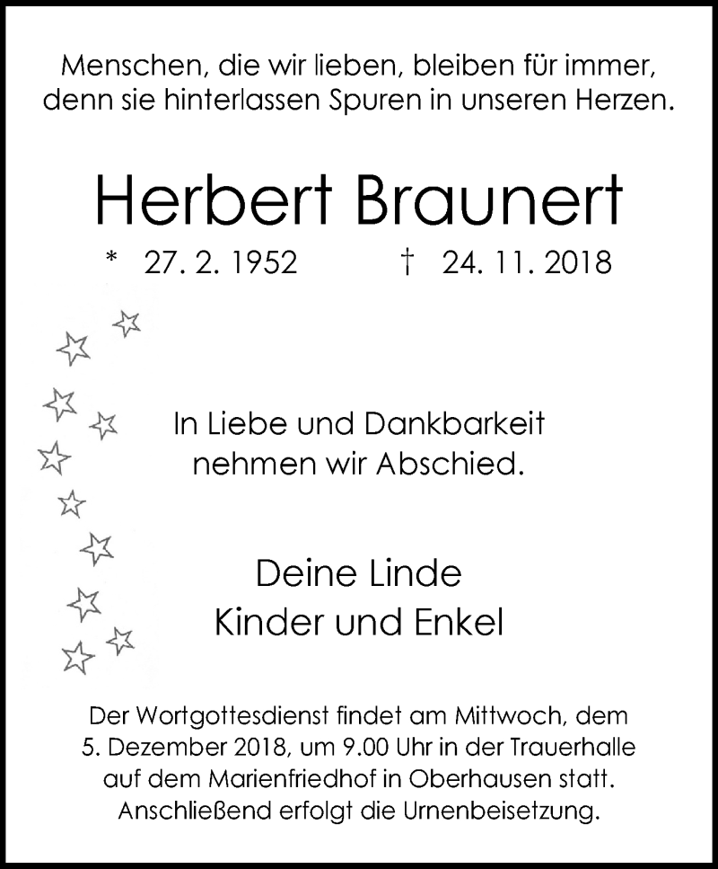  Traueranzeige für Herbert Braunert vom 01.12.2018 aus Wochen-Anzeiger Oberhausen