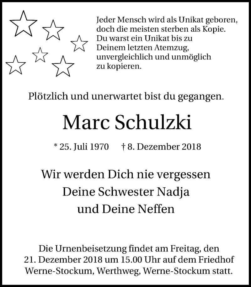  Traueranzeige für Marc Schulzki vom 19.12.2018 aus Lüner Anzeiger
