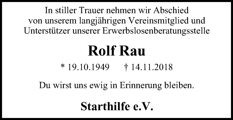  Traueranzeige für Rolf Rau vom 05.12.2018 aus Wochen-Anzeiger Oberhausen