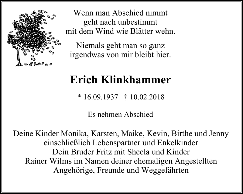  Traueranzeige für Erich Klinkhammer vom 17.02.2018 aus Wochen-Anzeiger Oberhausen