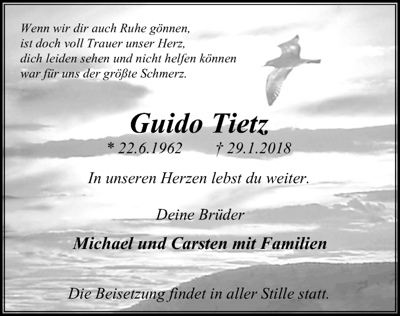  Traueranzeige für Guido Tietz vom 03.02.2018 aus Stadtspiegel Bochum