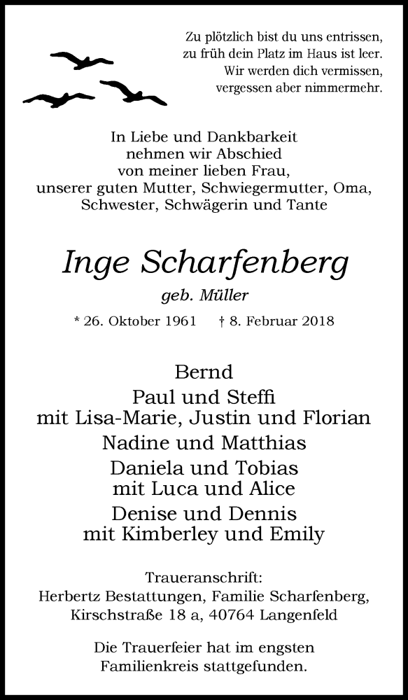  Traueranzeige für Inge Scharfenberg vom 17.02.2018 aus Wochen-Anzeiger Langenfeld/Monheim/Hilden