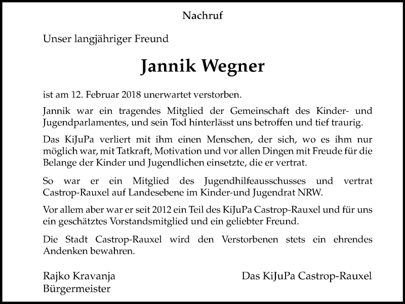  Traueranzeige für Jannik Wegner vom 24.02.2018 aus Stadtanz.Castrop-Rauxel
