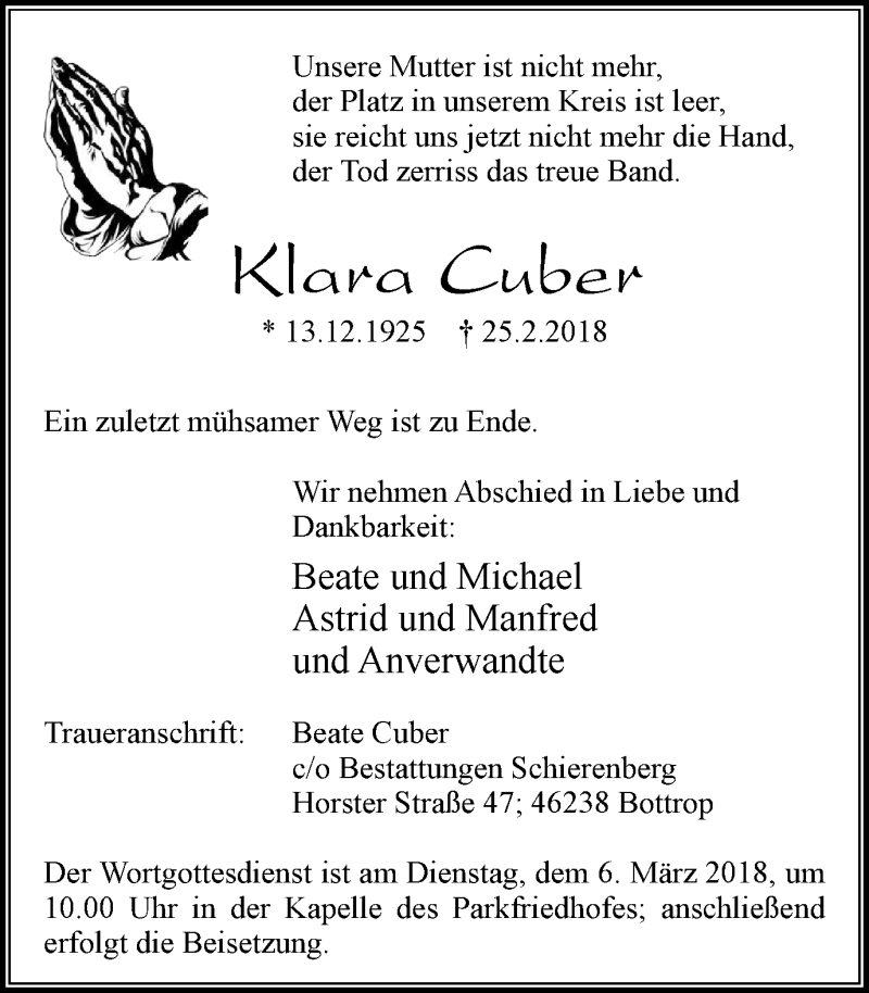 Traueranzeige für Klara Cuber vom 28.02.2018 aus Stadtspiegel Bottrop