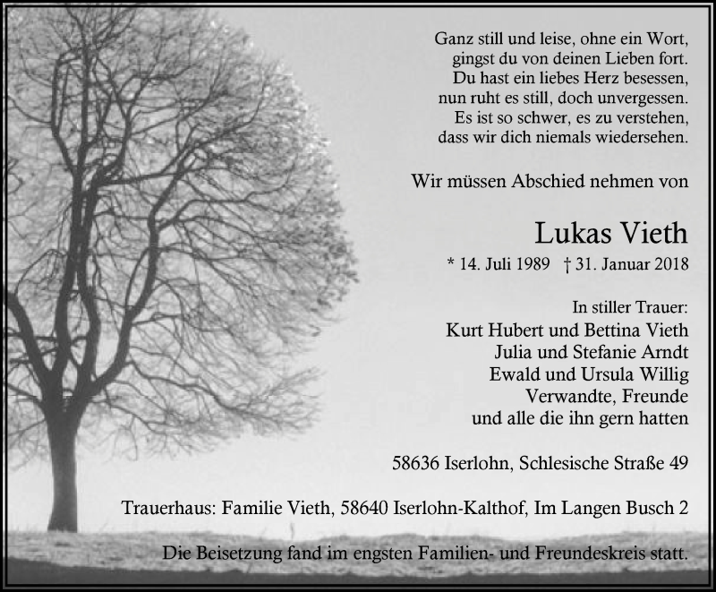  Traueranzeige für Lukas Vieth vom 17.02.2018 aus Stadtspiegel Iserlohn + Hemer