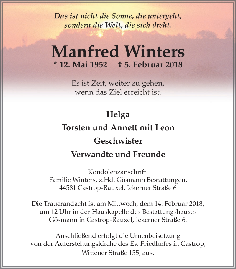  Traueranzeige für Manfred Winters vom 07.02.2018 aus Stadtanz.Castrop-Rauxel