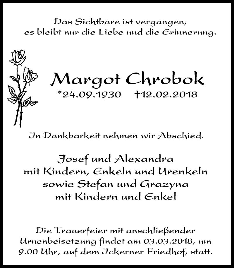  Traueranzeige für Margot Chrobok vom 28.02.2018 aus Stadtanz.Castrop-Rauxel