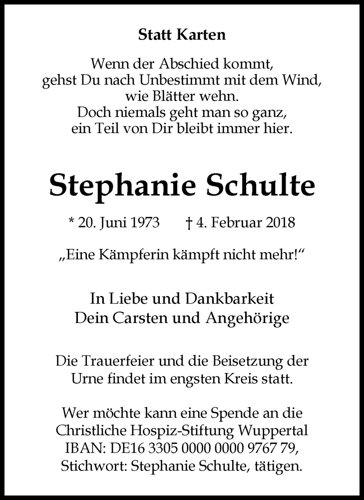  Traueranzeige für Stephanie Schulte vom 10.02.2018 aus Stadtanzeiger Velbert + Heiligenhaus