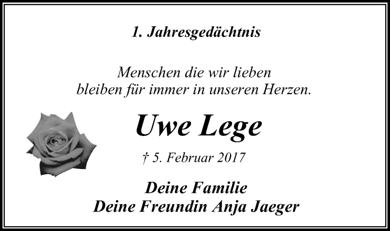  Traueranzeige für Uwe Lege vom 07.02.2018 aus Mülheimer Woche