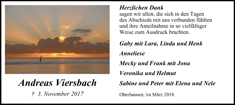  Traueranzeige für Andreas Viersbach vom 24.03.2018 aus Wochen-Anzeiger Oberhausen