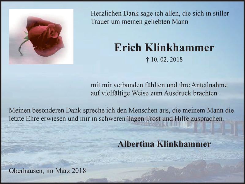  Traueranzeige für Erich Klinkhammer vom 28.03.2018 aus Wochen-Anzeiger Oberhausen