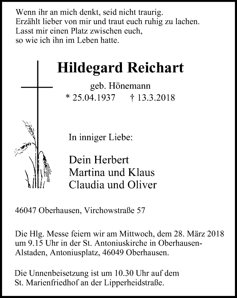  Traueranzeige für Hildegard Reichart vom 21.03.2018 aus Wochen-Anzeiger Oberhausen