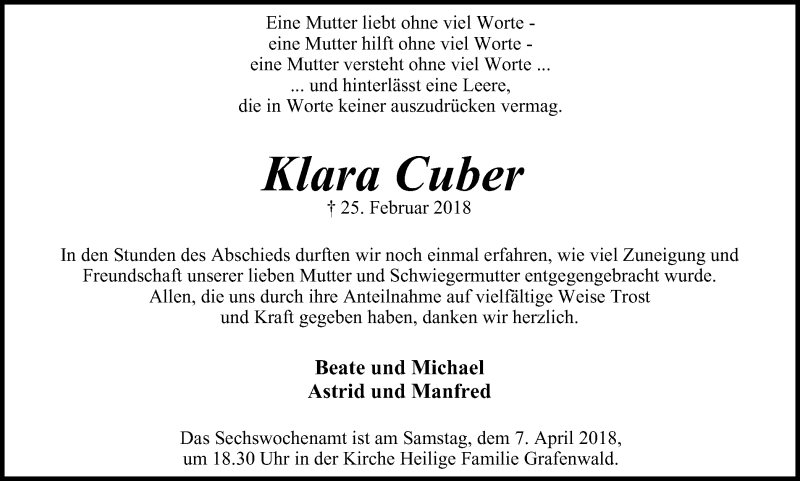  Traueranzeige für Klara Cuber vom 31.03.2018 aus Stadtspiegel Bottrop